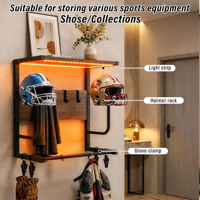 Motorcycle Helmet Rack Wall Mount with Light, Black & Steel Motorcycle Helmet Rack with RGB Light, Waterproof Heavy Duty Helmet Display Shelf for Jackets, Gear & Motorcycle Accessories Storage