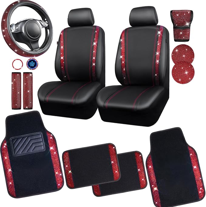 CAR PASS Diamond Bling Leather Seat Covers Set Car Floor Mats Glitter Rhinestone Steering Wheel and Car Interior Accessory Set for Women Red