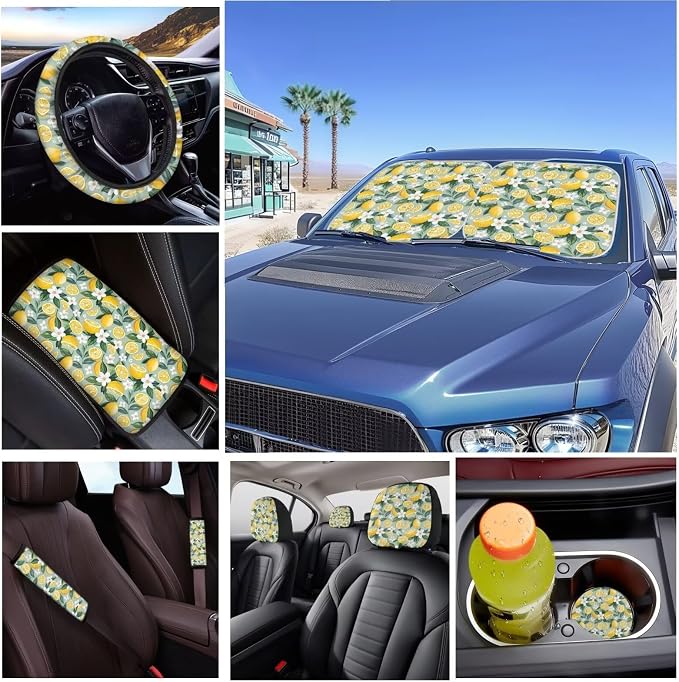 Lemon Car Seat Cover with Steering Wheel Cover,Car Sun Shade,Center Cushion,Seat Belt Covers Cup Holder with Keychain,Fruit Automotive Set Universal Fit Most Cars SUV Trucks,Green,16 Pack