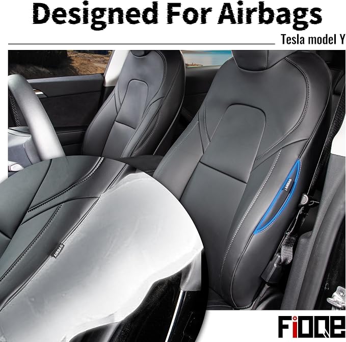 Nappa Leather Car Seat Covers Fit for Tesla Model Y 2017 2018 2019 2020 2021 2022 2023 2024, Soft and Comfortable, Easy to Clean.Reserved Seat Belt Hole-Black