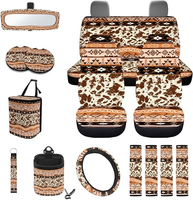 Aztec Tribal Geometric Cow Sunflower Print Full Set with Front Back Seats Steering Wheel Covers, Trash Can, Air Vent Bag, Auto Seat Belt Pads, Mirror Cover, Cup Holder Coaster for Women Men