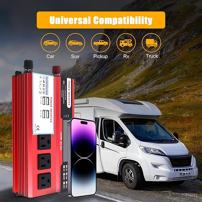 ALSO GO 1000W Power Inverter 12V DC Volt to 110V AC Car Inverter with LCD Screen Display, 3 AC Outlets, 4X 2.4A USB Port, Car Power Converter for Truck, Home, Vehicles, Laptop, Trip