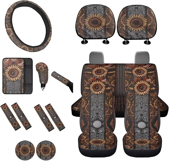 Lotusorchid Sunflower Print Car Seat Cover Set of 16, Anti-Dust Car Front Back Seat Covers and Gear Shift Knob Cover, Universal Fit Carseat Covers Combo Set for Man Women