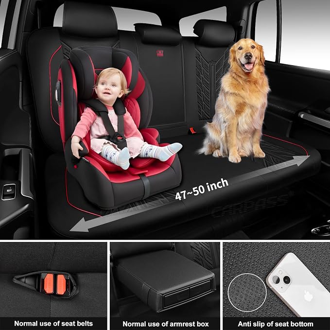CAR PASS Waterproof Car Seat Covers Full Set,Neoprene Car Seat Covers 5 Seats,3D Tyre Embossed Wetsuit Seat Covers All-Weather Non-Slip Durable Universal Fit Trucks,SUV,Airbag Compatible,Black Red