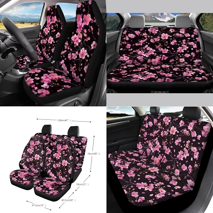 Cherry Blossom Pattern Car Accessories Set of 15, Front Rear Seat Covers Protector Steering Wheel Cover Seatbelt Cushion Trash Can Cup Holders Air Vent Storage Bag