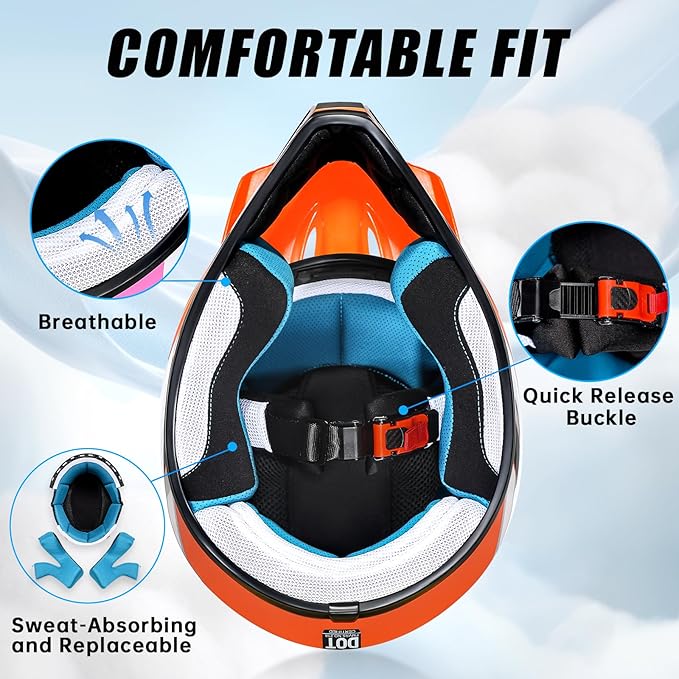 Youth Dirt Bike Helmet DOT Approved, Kids Motocross Full Face Helmet with Adjustable Goggles Riding Gloves & Storage Bag, Off-Road Sport Gear Set for Boys Girls ATV UTV