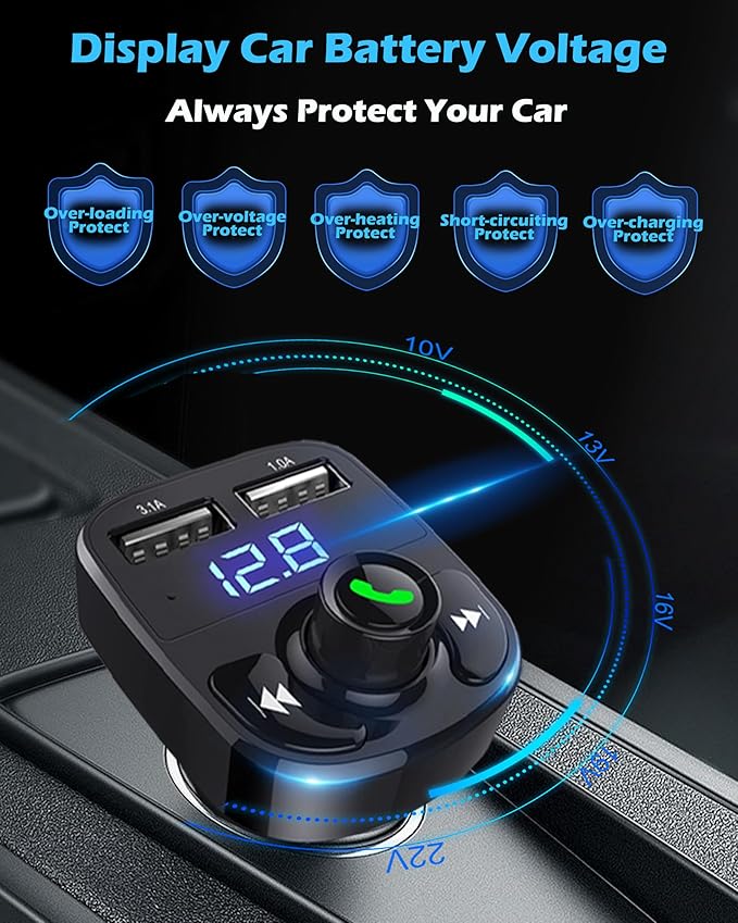 Handsfree Call Car Charger, Wireless Bluetooth 5.3 FM Transmitter Radio Receiver, MP3 Audio Music Adapter, Dual USB Ports, LED Show Voltage/FM Frequency, Compatible for iPhone Samsung Smartphones