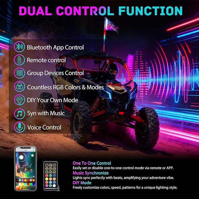 Nilight LED Whip Light 1 PC 5FT COB RGB Spiral Lighted Antenna with Spring Base, Bluetooth App & Remote Control DIY Chasing Patterns & Music Sync Safety Whips for ATV UTV RZR Polaris Can-Am Truck