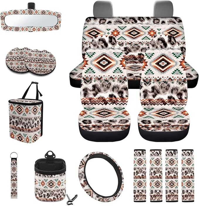 Wanyint Car Seat Cover Covers with Steering Wheel Seat Belt Strap Pad Trash Bag Phone Holder Rearview Mirror Accessories Cup Holder Key Chain Auto Decor, 15 Pack, Aztec Navajo Leopard Print
