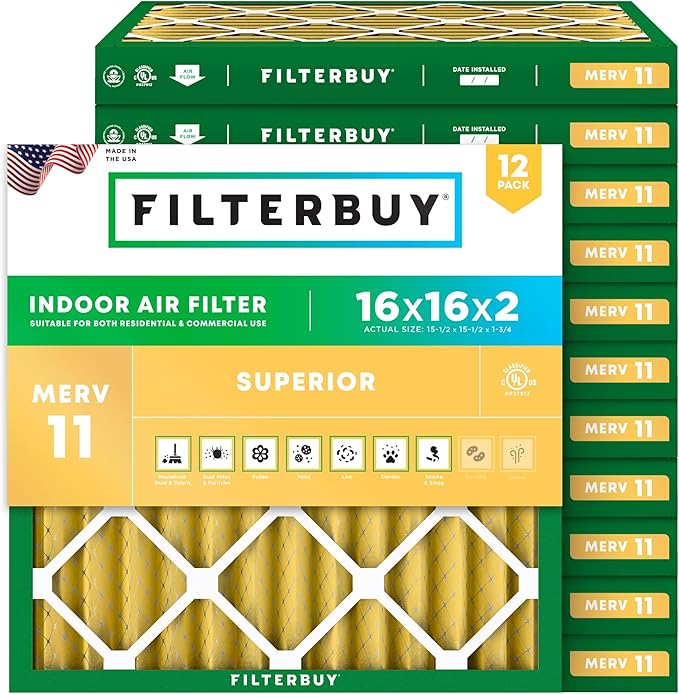 Filterbuy 16x16x2 Air Filter MERV 11 Superior Pet & Allergy Defense (12-Pack), Electrostatic Pleated HVAC AC Furnace Filters Replacement (Actual Size: 15.50 x 15.50 x 1.75)