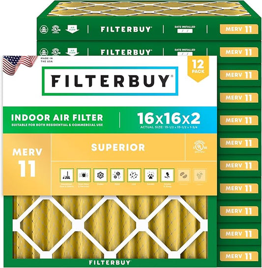 Filterbuy 16x16x2 Air Filter MERV 11 Superior Pet & Allergy Defense (12-Pack), Electrostatic Pleated HVAC AC Furnace Filters Replacement (Actual Size: 15.50 x 15.50 x 1.75)