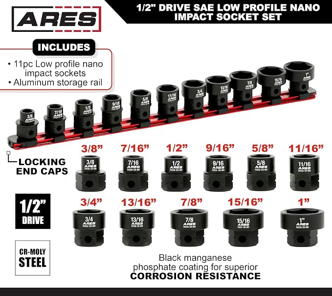 ARES 29021 – 11-Piece 1/2-Inch Drive SAE Low Profile Nano Impact Socket Set – Impact Grade Sockets Offer Greater Clearance Than Typical Shallow Sockets – Includes Aluminum Storage Rail