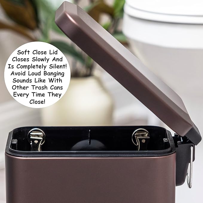Homie Soft Close, Slim Trash Can 3.2 Gallon with Anti - Bag Slip Liner and Lid, Use as Mini Garbage Basket, Slim Dust Bin, or Decor in Bathroom, Restroom, Kitchen, or Bedroom (Bronze)