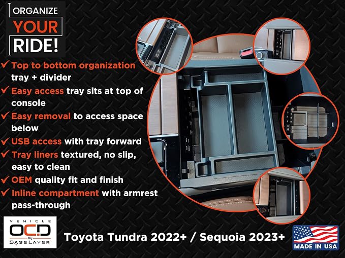Vehicle OCD - Center Console Divider and Tray Organizer for Toyota Tundra (2022-2026) / Sequoia (2023-2026) – Made in USA - NOT Compatible with Center Console Safe - SLX513