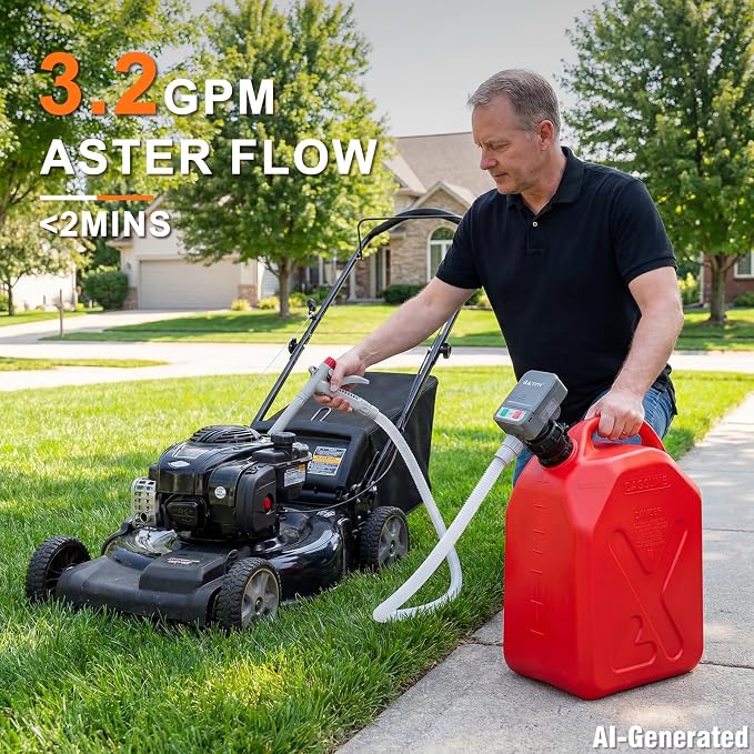 Gas Can Fuel Pump Portable - Gifts for Men, Fast 3.2 GPM Flow Rate, 51” Flexible Intake Hose, 4 Tank Adapter, for Gasoline, Kerosene, Diesel, Non-Potables grey plus