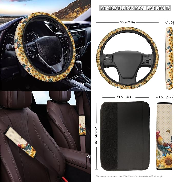 Chicken Butterfly Sunflower Dot Print 15 Pack Car Seat Covers Set Steering Wheel Cover Seat Belt Strap Pad Garbage Cans Air Vent Storage Holder Rearview Mirror Cover Coaster Keychain