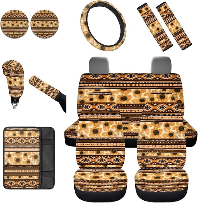 Dreaweet Aztec Sunflower Seat Covers Full Set for Women with Steering Wheel Cover/Center Console Cover/Seatbelt Cover/Car Coasters/Gear Shift Handbrake Cover,Universal Car Accessories for SUV Trucks