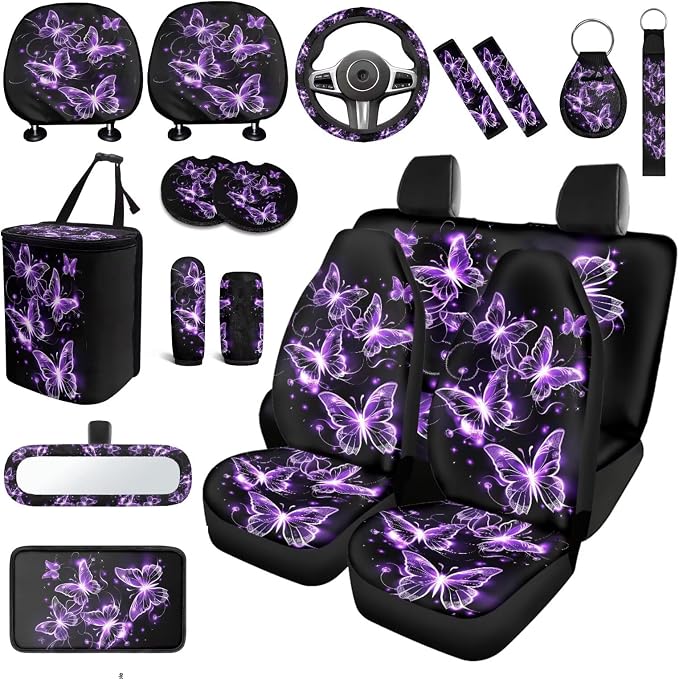 Butterfly Car Seat Covers Full Sets of 18 Pcs Purple Butterfly Car Interior Accessories Set with Steering Wheel Cover Car Trash Can Car Headrest Covers Belt Pads Cover Armrest Pad for Women