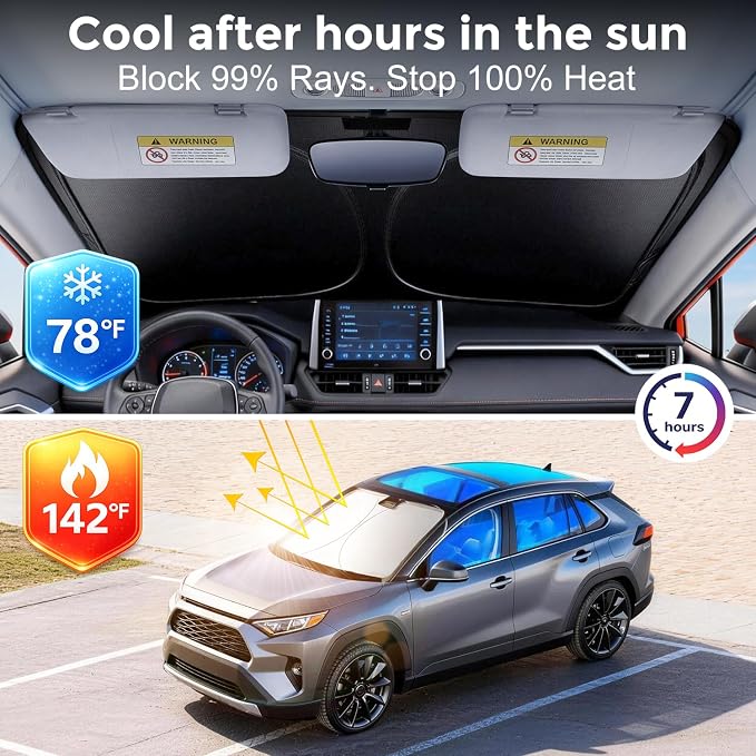 [Upgrade] DooGooCoo Windshield Sun Shade - Large, Sunshade for Car Windshield [100% Sunlight & UV Block] Car Sun Shade Windshield Protect & Keep Car Cooler Foldable Front Windshield Shade (69x35 in)