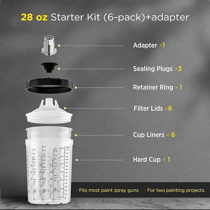 InoKraft Disposable Paint Spray Gun Cup, Large 28 Ounce (800ml) Kit Kit with 6 Cups and Lids, 1 Hard Cup with Retainer Ring, 3 Plugs, Paint System for HVLP LVLP Spray Gun with Adapter for Beginner