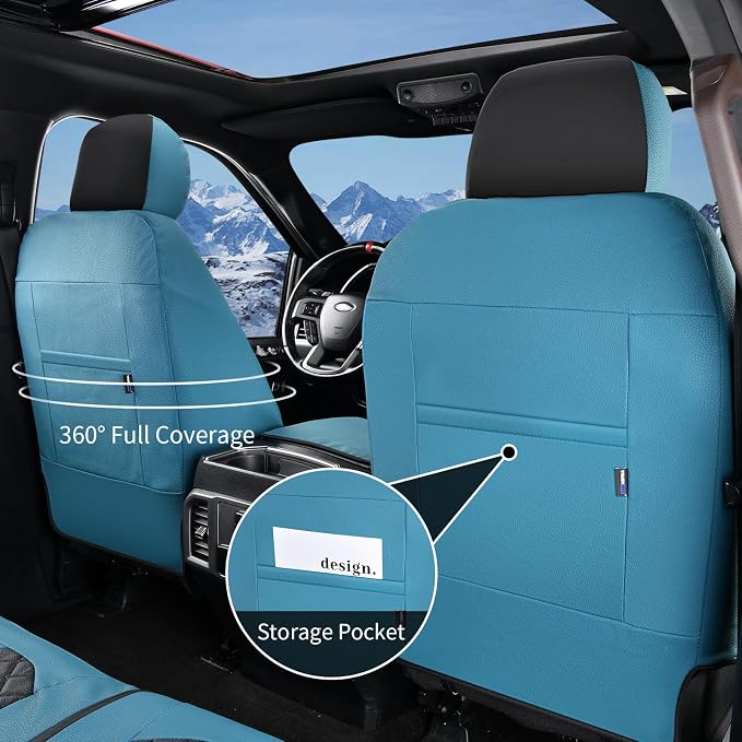 Truckiipa Front Ford F150 Seat Covers, Waterproof Leather Seat Covers Truck Fit for 2015-2026 Ford F150 SuperCrew, 2017-2026 F250 F350 F450 Super Duty Crew Cab, Front Pair, Blue&Black
