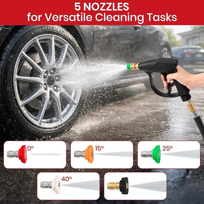 Short Pressure Washer Gun 4000 PSI with Swivel Quick Connect, 5 Nozzle Tips, 3/8" Inlet & M22-14mm Adapter, Foam Cannon Compatible for Gas Pressure Washer, Car Wash, Driveway, Patio