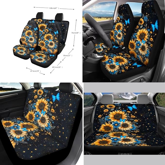 Xoenoiee Sunflower Blue Butterfly Print Car Seat Covers and Accessories, Front Rear Seat Covers, Steering Wheel Cover, Seat Belt Pads, Coasters, Keychains for Car SUV Decor, 11 PCS Set