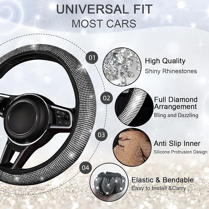 NBTEPEM 8 pcs Bling Car Accessories Set for Women, Steering Wheel Cover, Sparkly Seat Belt Covers, Bling Gear Shift Cover, Universal Fit Most Cars (Silver Diamond)