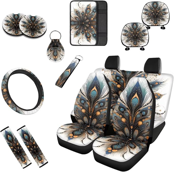 Peacock Feather 13 Pack Car Accessories Classical Peacock Feather Pattern Seatbelt Pad Armrest Cushion Keychain Minimalism Cup Holder Coaster Pads Decor Accessory