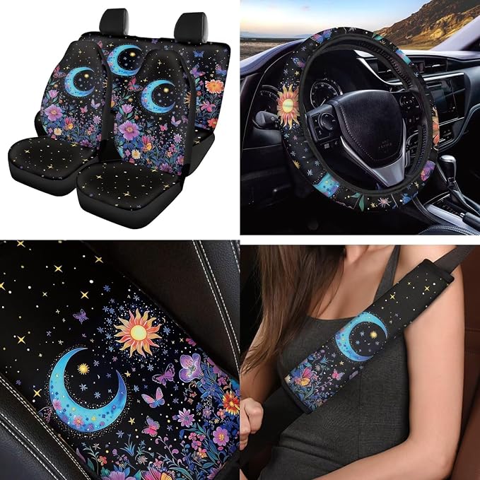 Moon Floral 12 Pcs Car Seat Covers with Steering Wheel Cover,Seat Belt Covers Cup Holder Keychain Holder Elastic Fabrics Universal Fit for Most Cars,SUVs