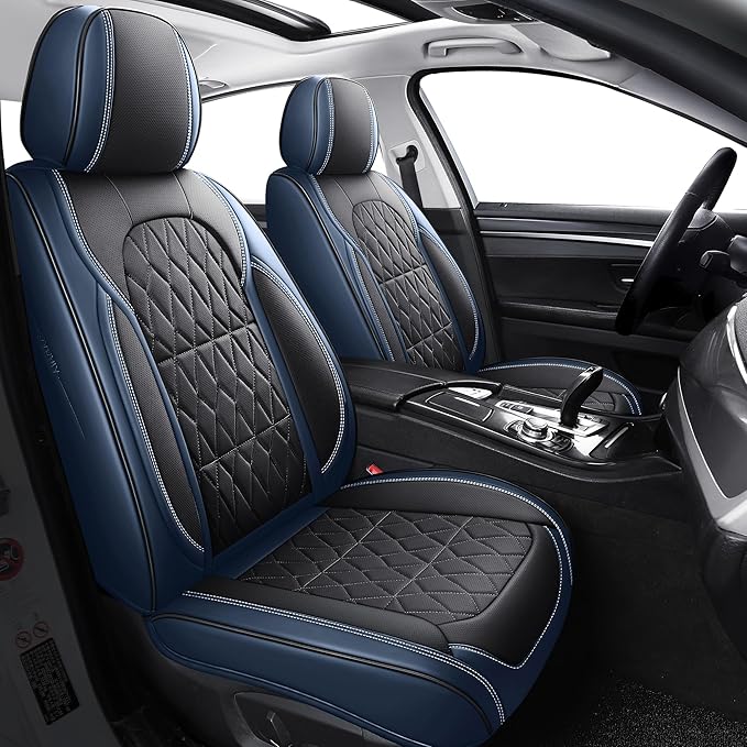 Aierxuan 2Pcs Front Car Seat Covers Full Coverage, Faux Leather Universal Fit Jeep Liberty Renegade Compass Buick Encore Envision Ford Ecosport Ranger Maverick Cadillac, Black-Blue