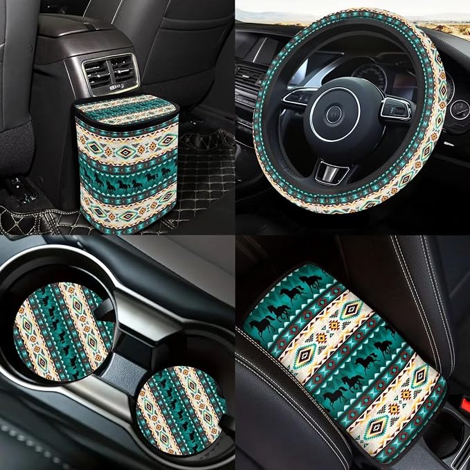Navajo Tribal Car Seat Covers Full Set 18 Pieces Aztec Tribal Car Accessories Set Car Trash Can Steering Wheel Cover Car Headrest Covers Car Seat Belt Pads Cover,Easy to Install
