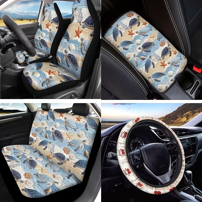 Sea Turtle Print Car Seat Cover Sets Full Set Starfish Shell Print Front and Rear Car Seat Covers Steering Wheel Cover Safety Belt Pads Headrest Protectors Center Console Pad Keychain