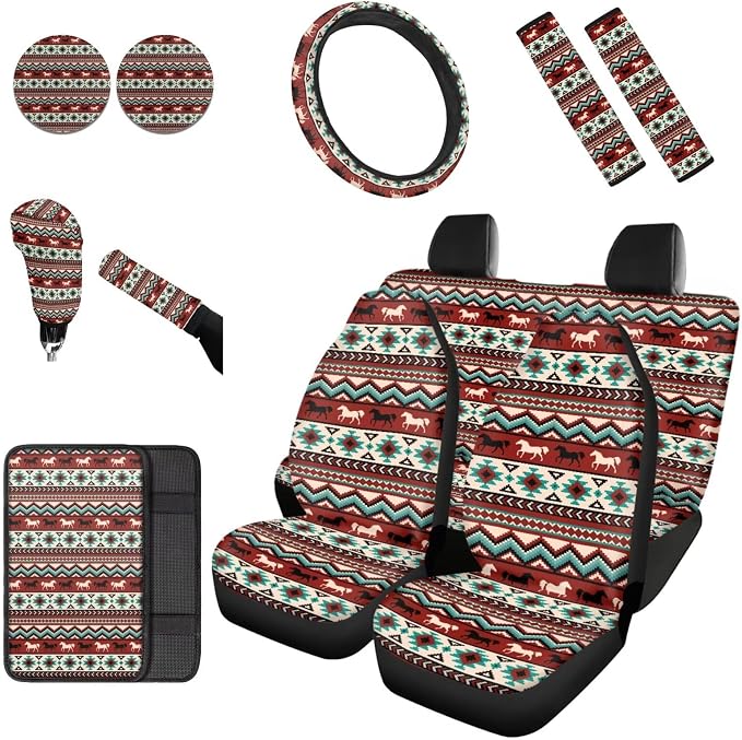 Dreaweet Navajo Seat Covers for Cars Full Set Native Tribal Horse Car Accessories Seat Covers with Steering Wheel Cover/Armrest Cover/Seatbelt Covers/Cup Holders/Gear Shift Cover/Handbrake Cover,12Pcs