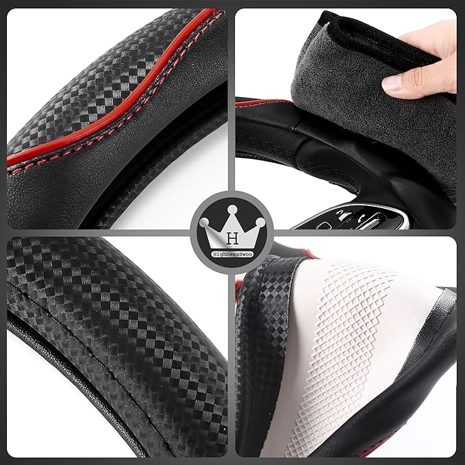 HighnessHwoo 3D Car Steering Wheel Cover Comfort Grip Massage Sporty Anti-Slip Carbon Fiber Faux Leather for Sedan SUV, Universal Fit, Car Handle Covers for All Seasons, 14.75-15.15in, Red