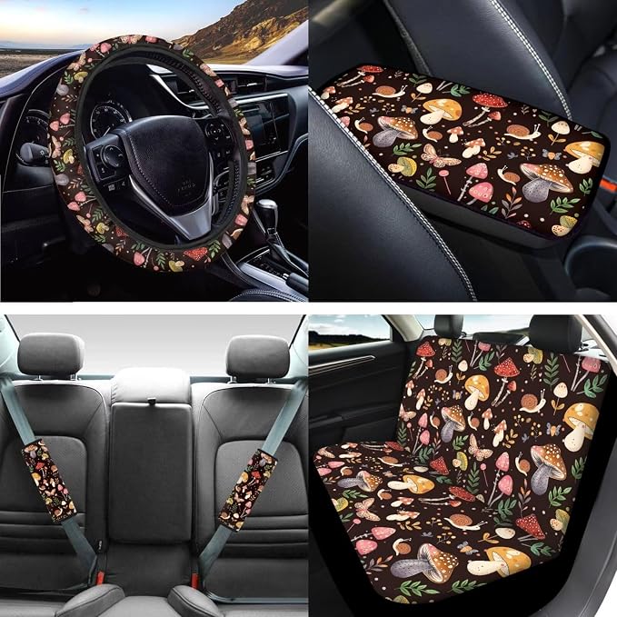 Mumeson Colorful Mushroom Car Accessories Set of 8 Pack Auto Front and Rear Seat Covers with Steering Wheel Cover,Armrest Cushion for Car, Seat Belt Shoulder Pads Set