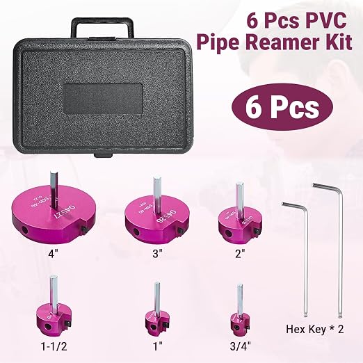 6 Pcs PVC Pipe Reamer Kit for 1/2" Drill – Fitting Saver Tool Set, Includes 3/4", 1", 1-1/2", 2", 3", 4" Carbide Inserts for SCH40 PVC CPVC ABS Pipes