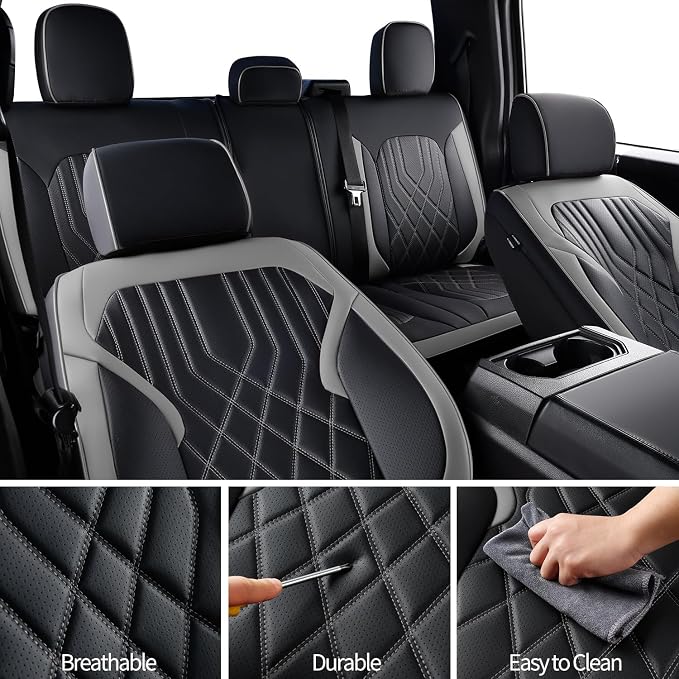 Ranger Seat Covers, for 2019-2025 Ford Ranger XLT XL Lariat Crew Cab, Napa Leather Seat Protector (Full Set, Black&Gray)