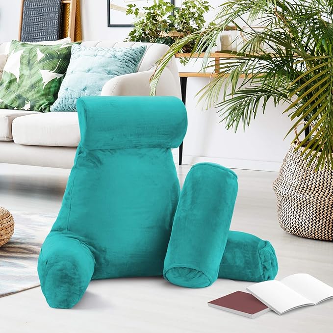 Nestl Reading Pillow with Shredded Memory Foam Includes 2 Neck and Lumber Support Pillows, Designed for Sitting Up in Bed and Couch, Back and Arms Adjustable Support for Adult & Teens, Teal