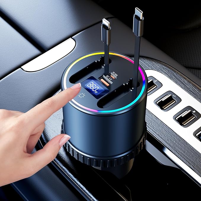 Retractable Car Charger USB Hub with RGB Light, 4 Port Car Charging Station Cigarette Lighter Adapter, Travel Essentials Car Accessories Gadgets for Men Gifts for iPhone 17 16 15 14 13 Pro Max