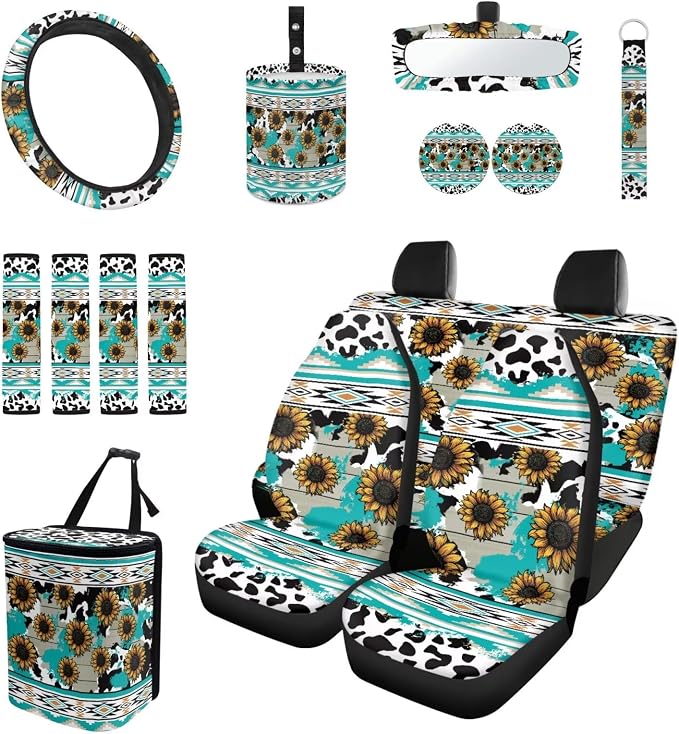 Blue Cow Pattern Sunflower Car Seat Covers Set with Seat Belt Cover, Trash Can & More - 15 Pack