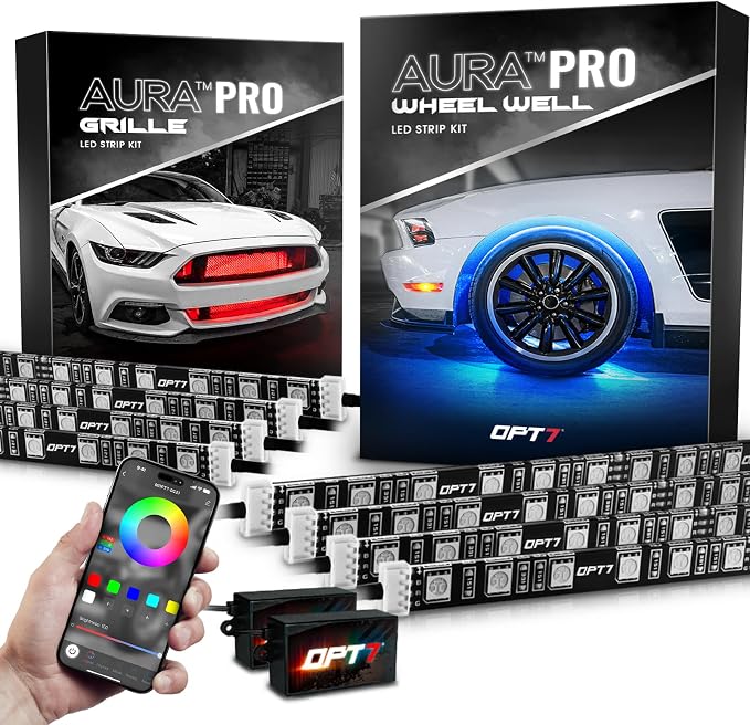 OPT7 Aura Pro Wheel Lights & Grille Lights LED Bundle Kit with App & Remote Control, Multicolor Modes, Music Sync Exterior Decor Accessories for Car Truck RV SUV
