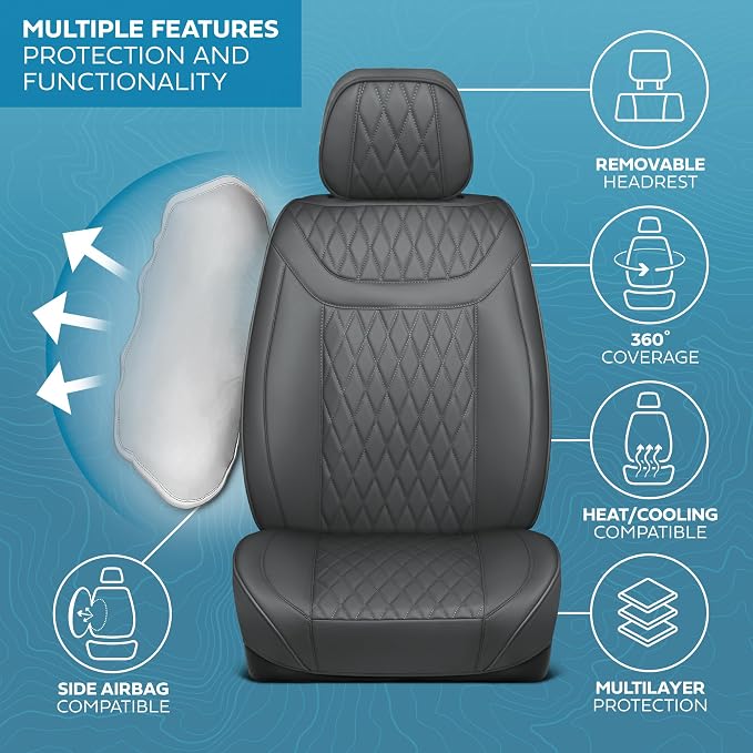 MotorBox Creekstone Series – PU Leather Car Seat Covers Full Set, Cross-Stitch Edition Leather Seat Covers, Diamond Stitched PU Leatherette Gray Seat Covers for Cars Trucks SUVs