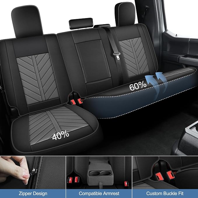 for Ford F150 2009-2026 Seat Covers F250 F350 F450 2017-2026 | Super Duty Faux Leather Full Set XL XLT Lariat Platinum STX Cab, Lumbar Support Seat Protectors (5 Seats, Black & Grey)