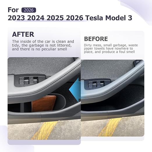 LUWU 2PCS Car Front Door Trash Can for Tesla Model 3 2026 2025 2024 2023, Side Door Storage Box Organizer Open-Top Design TPE Material Front Seat Garbage Can Bin for New Model 3 Accessories 2026