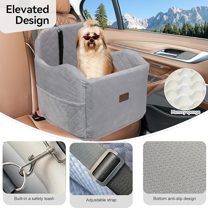 Juniverse Dog Booster Car Seat for Small to Medium Dogs Up to 30 lbs, Memory Foam, Washable Velvet Fabric Cover, Safety Leash, Storage Pockets, 19x19x19 Inches (Gray)