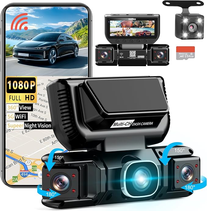 360 Degree View 4 Channel Dash Cam 5G WiFi & APP Control, GEMEK 2K Front and Rear Inside, Left Right Dash Camera for Cars Free 64GB TF Card, G-Sensor, Night Vision, 24H Parking Mode (3.01 inches)