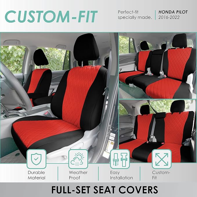 FH Group Custom Fit Car Seat Covers Specifically Made for 2016–2022 Honda Pilot, 3 Row Full Set Red Ultraflex Neoprene, Waterproof Car Seat Cover, Honda Accessories