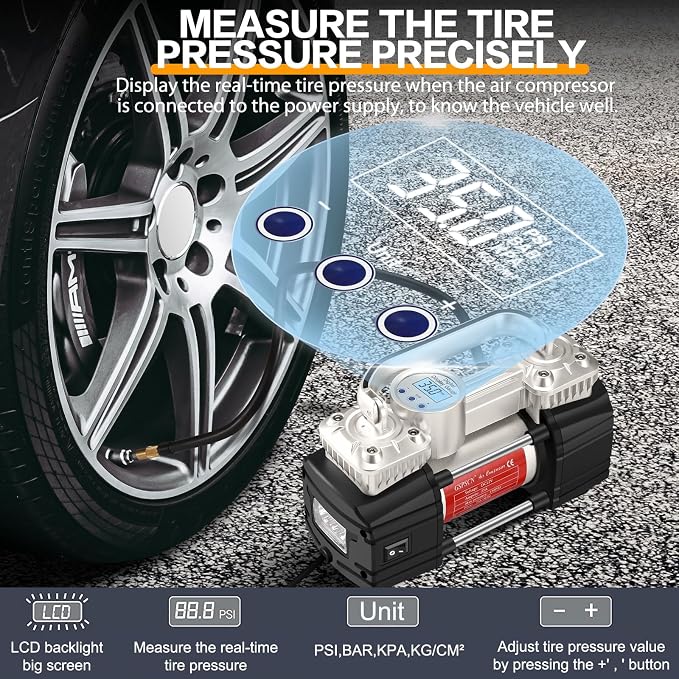 GSPSCN Heavy Duty Digital Tire Inflator 12V Portable Air Compressor Pump | 6X Faster Inflation Auto Shut-off Double Cylinders Metal Air Pump 150Psi with LED Light for Pickup,Truck,Car,Bicycles,RV,SUV