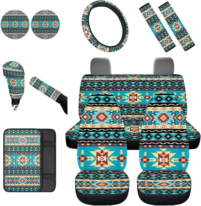 Dreaweet Navajo Seat Covers for Cars Full Set Native American Tribal Geometric Turquoise Seat Cover with Steering Wheel Cover/Center Console Cover/Seatbelt Covers/Coasters/Gear Shift Cover,12 Pcs
